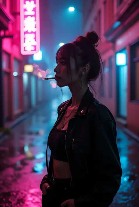 A beautiful young woman in a stylish urban outfit standing in a narrow rain-soaked alley at night, cigarette between her fingers with thin smoke rising, neon signs casting vibrant pink and blue lights across her face, reflective puddles on the wet pavement...