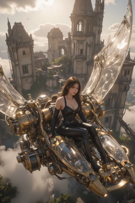 Ultra-realistic cinematic scene, photorealism, wide-angle composition. In the foreground: a steampunk-inspired futuristic flying machine with translucent mechanical wings, blending brass gears, polished steel, glowing energy conduits, and glass-like panels...