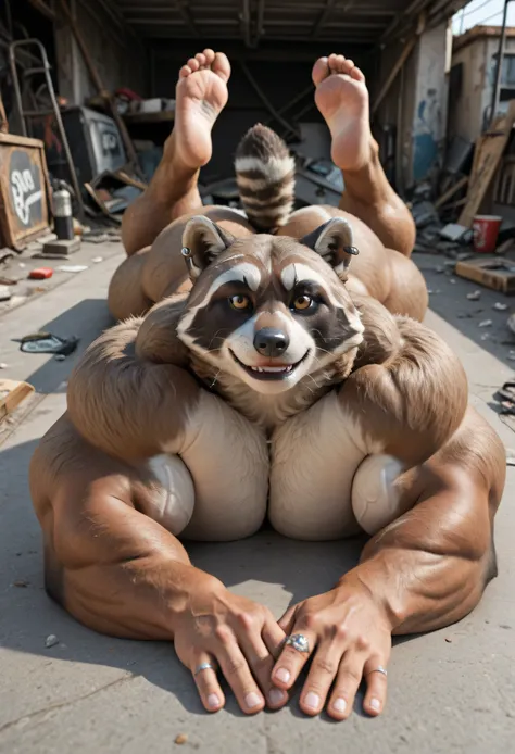 score _9, score _8_Up, score _7_Up, masterpiece, best quality, amazing quality, high quality, RAW photo, (Photorealistic Style), full body, (Perfectly Correct Anatomy). (furry), 1boy, (Huge Adult Male muscular bara Procyonids Raccoon Rufus from Fortnite), ...