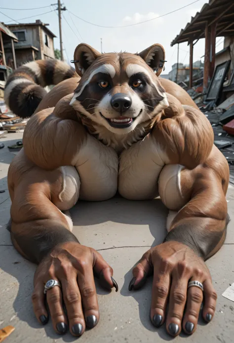 score _9, score _8_Up, score _7_Up, masterpiece, best quality, amazing quality, high quality, RAW photo, (Photorealistic Style), full body, (Perfectly Correct Anatomy). (furry), 1boy, (Huge Adult Male muscular bara Procyonids Raccoon Rufus from Fortnite), ...