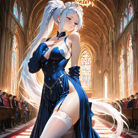 masterpiece, high quality, ultra detailed, addmicrodetails, sylpha_langlis, 1girl, long hair, light blue eyes, medium breasts, ponytail, maid headdress, boots, shisedupose, fingers to lips, solo focus, single subject, clear anatomical structure, ((no addit...