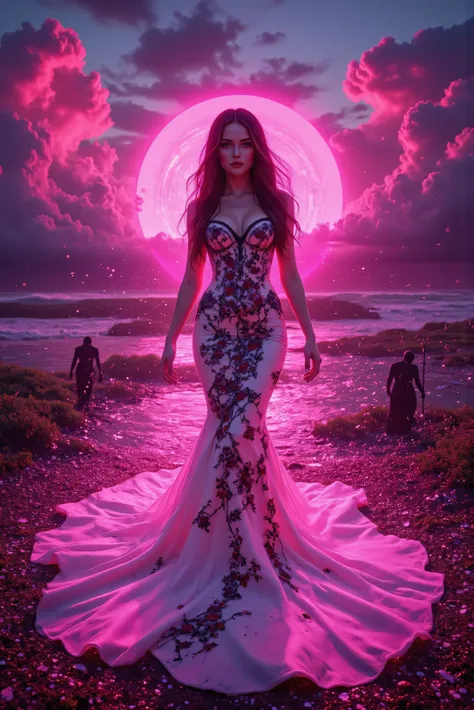 N ultraattractive young woman with very long wavy brown hair wearing a white silk mermaid-style dress with a sweeping train and black and red embroidered floral patterns surrounded by a circle of hot pink ultra brightness that swirls around her amidst neon...