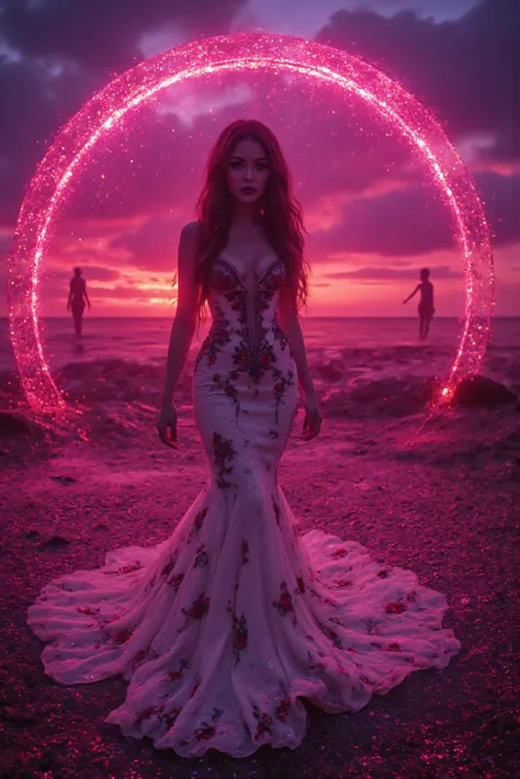 N ultraattractive young woman with very long wavy brown hair wearing a white silk mermaid-style dress with a sweeping train and black and red embroidered floral patterns surrounded by a circle of hot pink ultra brightness that swirls around her amidst neon...