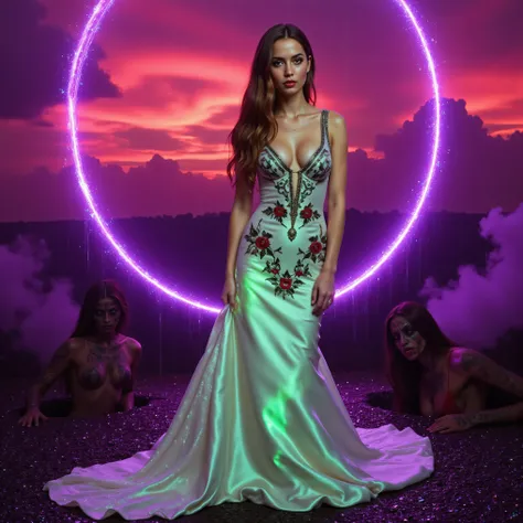 An ultraattractive young woman with very long wavy brown hair wearing a white silk mermaid-style dress with a sweeping train and black and red embroidered floral patterns surrounded by a circle of bright neon green ultra brightness that swirls around her a...