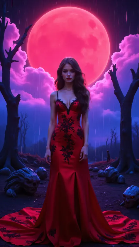 An ultraattractive young woman with very long wavy brown hair wearing a red silk mermaid-style dress with a sweeping train and black embroidered floral patterns surrounded by a circle of bright neon pink and electric blue ultra brightness that swirls aroun...