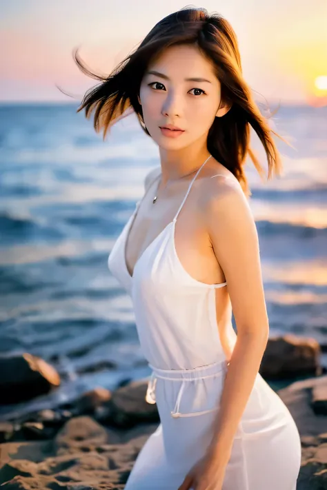 Create a high-quality, hyper-realistic portrait of a very beautiful Japanese idol. She is wearing a clean white summer dress and is squatting on the beach during sunset at sea. The deep indigo of the night sky contrasts with the last vestiges of crimson ne...