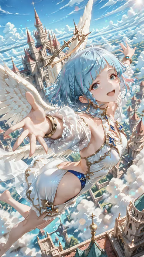 (masterpiece), (Highest Quality), (in en very detailed), (detail background), (so beautiful), 8k, 32K, high resolution,
(anime coloring:1.2),(perspective:1.2), (depth of field:1.4),(blurry background:1.4),dynamic angle,(wide view:1.3)(Castle of Clouds),...