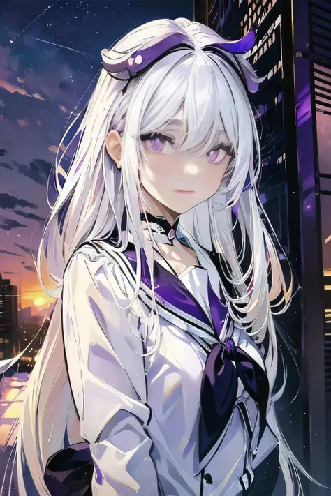 (masterpiece), (best quality), ultra detailed, finely detailed color, cenematic painting, bishoujo, ((one lady)), ager, cute face, ((white hair:1.5)), absurdly long hair, straight hair, ((violet eyes:1.5)), standing, chocker, ((highschool uniform)), light ...