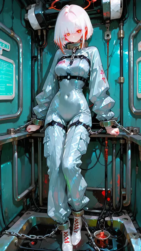 Jun~, Girl in asylum clothes tied with white chains around her body, closed asylum patient jumpsuit, chains holding her arms and legs, white hair with red highlights, medium bust, full body, captive figure