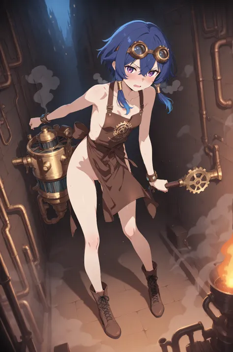 high quality, masterpiece, detailed, perfect face, Anime style, steampunk setting, color balanced, full body scene of a slim slender petite short female mechanic with midnight-blue hair repairing a large domestic robot, small breasts with slight side breas...