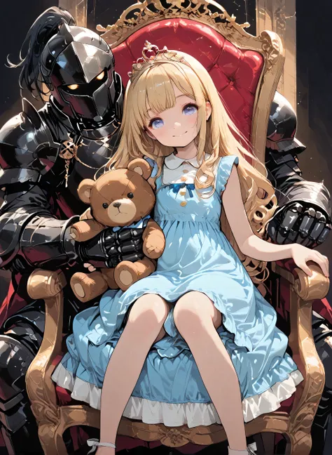 toy tiara、toddler dress、niece、Smile Yan、 I have a stuffed bear、sitting on the throne between kings、The black knight is hiding behind the throne