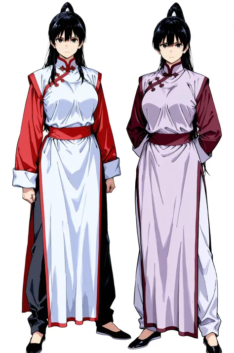 chinese clothes,KungFuUniform,score_9, score_8_up, score_7_up, gsfghtr, multicolored robe, multiple girls, 2girls, white background, serious,, kohei horitoshi, mature female, looking at viewer, quarter, breasts, full body, pants, long ponytail,