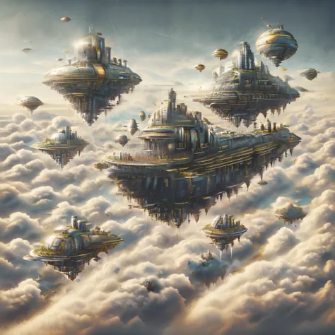 Masterpiece, Floating city at night, steampunk architecture, neowrsk, sleek airship flying towards the city, clouds, night sky, moon