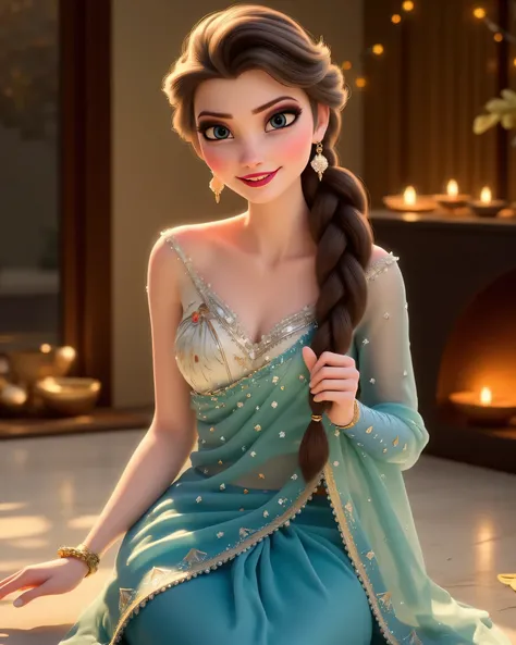 > A stunning Indian traditional Diwali look of Elsa from Frozen, wearing a luxurious royal silk saree in icy blue and silver tones with delicate golden embroidery, elegant draping showing a graceful waistline and midriff, traditional jewelry including jhum...