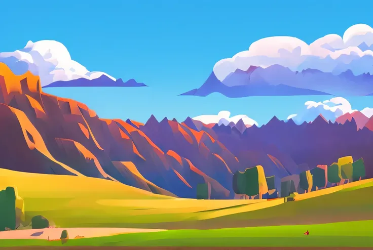 Landscape, Pixar inspired 2d art, minimalist cartoon drawing, narrow alpine ridge, early afternoon light, clouds building on horizon, cinematic lighting, natural color grading, focus on mountain terrain and sky tension