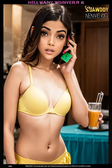 harmony wonder in yellow top talking on cell phone in front of a green table, navel, actress, movie stills, girl next door innocent look, desi, cutie, indian super model, holywood actress, hello, pretty face!!, print ready, bra, cute woman, handsome girl, ...