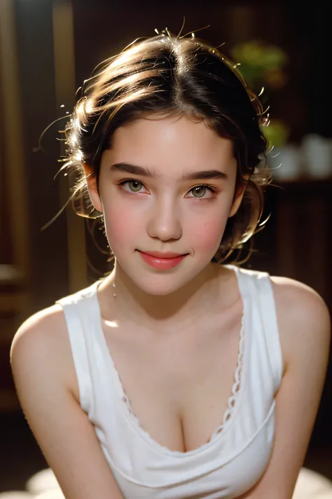 Closeup photo of a beautiful 15 year old girl's face, blame , Full Bust and Cleavage, Sensual neck and chest、Soft light pours on her face, Very Beautiful Girl, shows delicate and refined features, (Adorable plump round cheeks:1.5), no makeup , colorful tan...