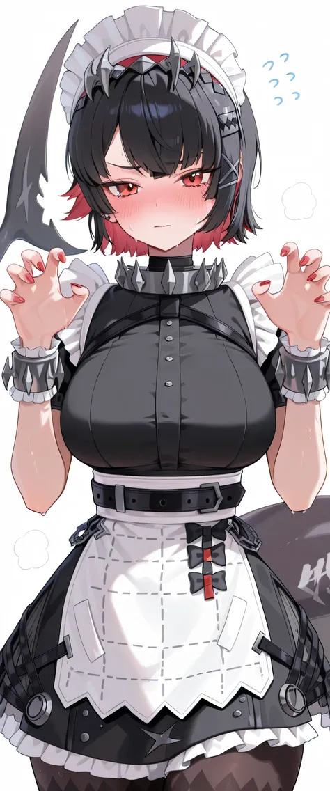 ellen_joe, 1girl, solo, red eyes, hot, steaming, steaming body, sweat, sweating, sweaty, sweaty body, wet, wet body, dripping, dripping sweat, blushing, embarrassed, nervous, closed mouth, (((white background))), looking at viewer, cowboy shot, claws up po...