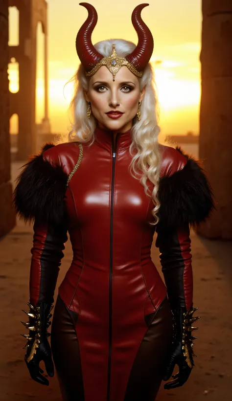 Julia Louis-Dreyfus as Flemeth, Dragon Age, fantasy portrait, confident witch goddes, standing, amidst ancient ruins, at sunset, pale skin, long white hair, golden eyes glowing with power, curved red horns rise from her head, adorned with a sharp metallic ...