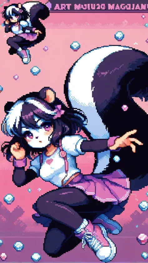 Skunk girl, solo, furry,  skunk tail, skunk ears, skirt, pixel art, skunk magician, art 128x128 pixel