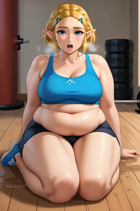 score_9, score_8_up, score_7_up, BREAK, 1girl, solo, princess zelda, 1girl, solo, , blonde hair, jewelry, makeup, casual, cowboy shot, blue eyes, looking at the viewer, large breasts, blue tanktop,pointy ears, sweaty, black shorts, sweating profusely, open...