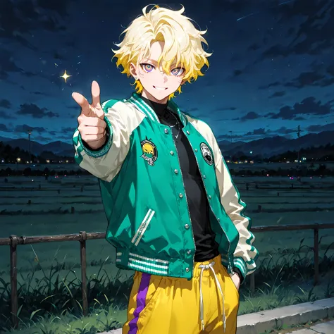 masterpiece, best quality, simple, 1male, 18 Years Old, male focus, masculine, solo, short hair, light yellow hair color, wavy hair, middle part, (ringed eyes, multicolored eyes, green and purple colored eyes,) smiling, streetwear, yellow denim varsity jac...