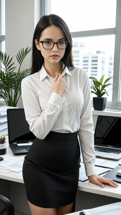 A beautiful office worker working at her desk, long black hair, white formal shirt, elegant pencil skirt, thin glasses, full lips, Professional posture, modern office interior, natural light coming through large windows, laptop and organized documents,  de...