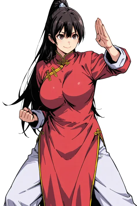 chinese clothes,KungFuUniform,score_9, score_8_up, score_7_up, gsfghtr, 1girl, smile, long ponytail, kohei horitoshi, white background, mature female, breasts, fighting stance,