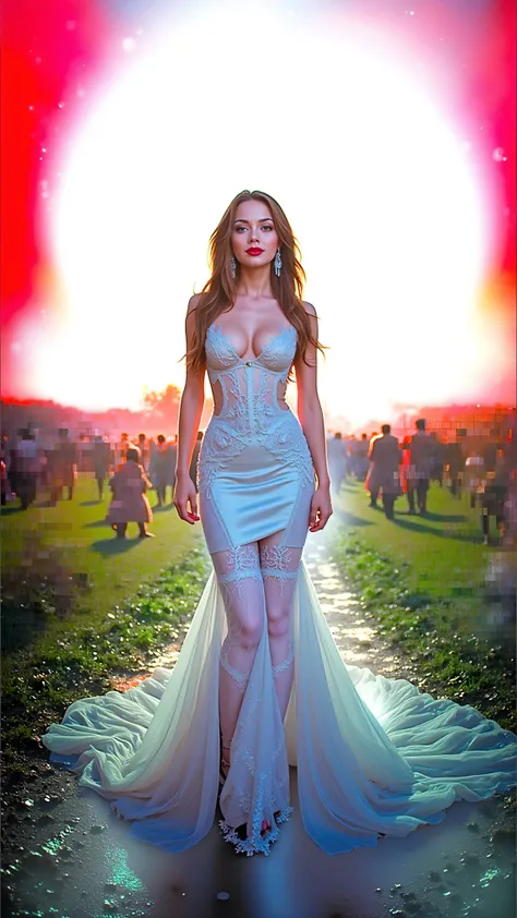 Remix Model stands in a field wearing a mermaid-style dress in front of the sun. Ultra-realistic, photo-realistic 