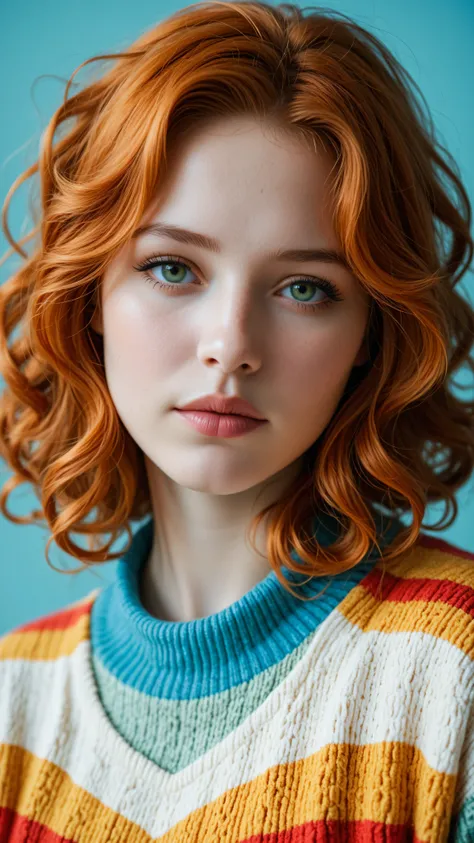 masterpiece, best quality, amazing quality, very aesthetic, absurdres, newest, masterwork, 1woman, solo, upper body, pale skin, head tilt, looking at viewer, black eyeliner, detailed eyes, green eyes, lips, closed mouth, ginger hair, curly hair, colorful s...