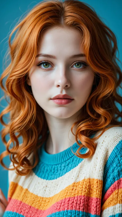 masterpiece, best quality, amazing quality, very aesthetic, absurdres, newest, masterwork, 1woman, solo, upper body, pale skin, head tilt, looking at viewer, black eyeliner, detailed eyes, green eyes, lips, closed mouth, ginger hair, curly hair, colorful s...