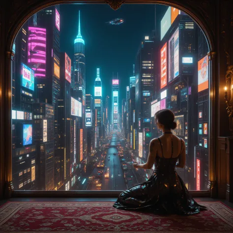  A Cybercity, hyper-realistic cyberpunk style. A woman in luxury at a floor to ceiling window watching a futuristic cityscape. She kneels on a richly patterned rug, a dazzling metropolis unfolds, its towering skyscrapers adorned with bright neon signs and ...