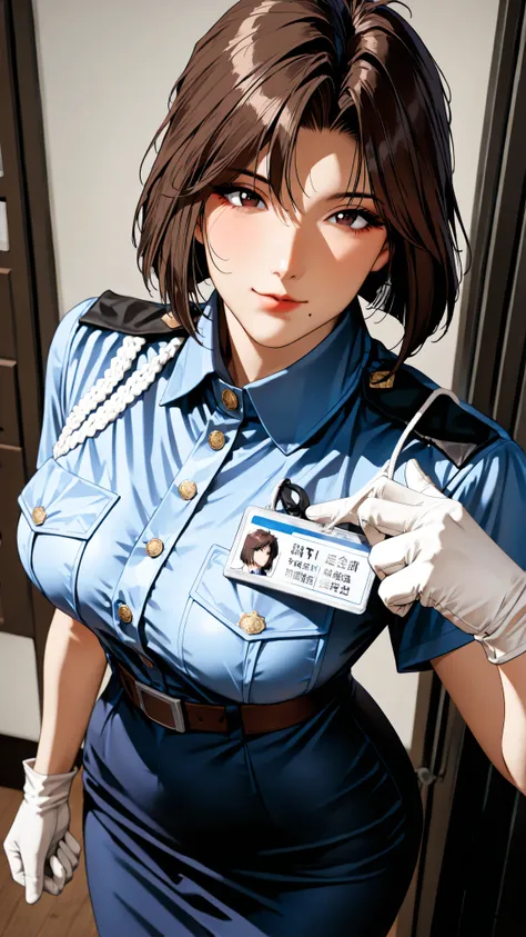 黄金比, 適切な構図, 美しいイラスト, Police uniform, blue shirt, breast pocket, short sleeves, White gloves, blue skirt, AENatsumiT, dark brown eyes, Brown hair, parted bangs, short hair, 1990s \(style\), (masterpiece, detailed:1.2), maorix,スコア_9, スコア_8_アップ, スコア_7_アップ, スコ...