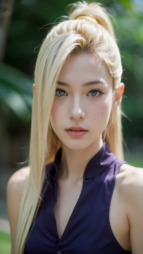 Yamanaka Ino from Naruto Shippuden, half-body portrait, realistic and super detailed style, ultra HD quality, long blonde hair flowing naturally, wearing her iconic purple outfit, confident and elegant expression, soft natural lighting, smooth skin texture...