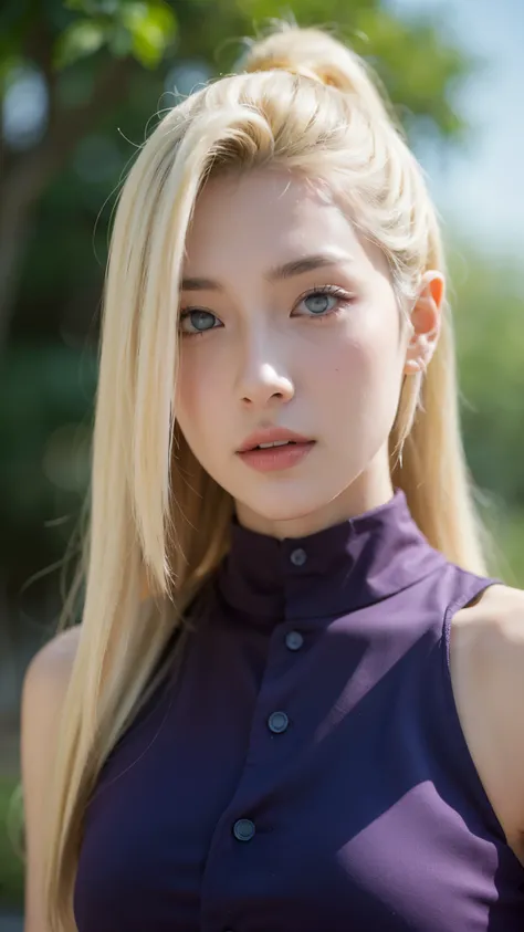 Yamanaka Ino from Naruto Shippuden, half-body portrait, realistic and super detailed style, ultra HD quality, long blonde hair flowing naturally, wearing her iconic purple outfit, confident and elegant expression, soft natural lighting, smooth skin texture...