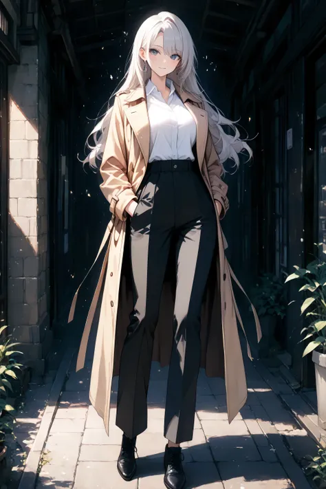 Detailed anime-style character, human, female, tall, adult, standing, full body. A professional, masterfully-rendered portrait. **Minimalist trench coat and tailored trousers**, **sleek black, charcoal gray, and crisp white color palette**. Subtle aura, na...