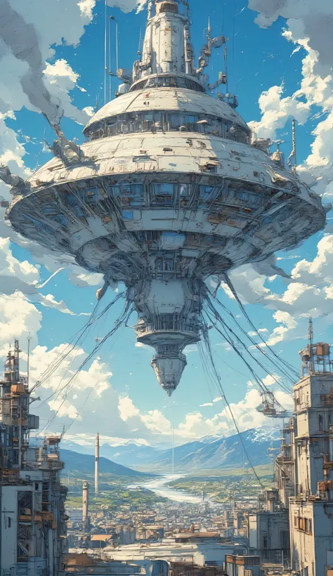 A gigantic floating fortress made of futuristic lightweight metal, 
advanced mechanical structure with sharp angular architecture, 
floating in the sky by a massive rotating gyroscopic core connected to a fixed spatial portal, 
huge power supply mega-cable...