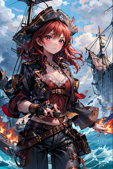 The Enchanted Pirate,A powerful pirate ship,A magnificent ship's hull,A rolling ocean,A vibrant scarlet flag,A pirate captain full of adventurous spirit,night，St. Elmo's Fire，meteor、空から降り注ぐmeteor、無数のmeteor群，The Ship Wrapped in the Hand of Fire，A gaze with ...