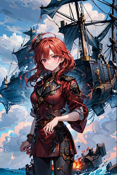The Enchanted Pirate,A powerful pirate ship,A magnificent ship's hull,A rolling ocean,A vibrant scarlet flag,A pirate captain full of adventurous spirit,night，St. Elmo's Fire，meteor、空から降り注ぐmeteor、無数のmeteor群，The Ship Wrapped in the Hand of Fire，A gaze with ...