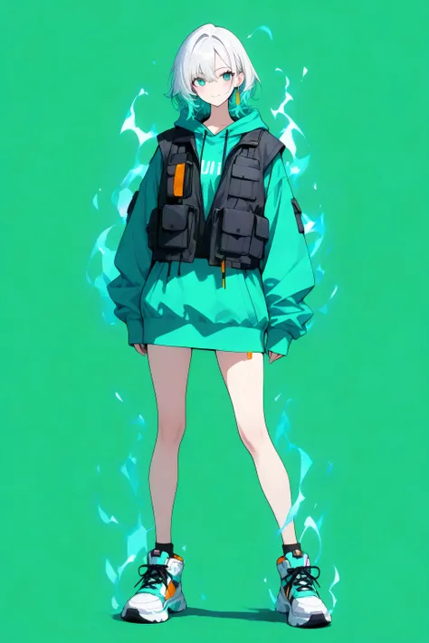 Detailed anime-style character, human, female, tall, adult, standing, full body. A professional, masterfully-rendered portrait. **Oversized hoodie, layered with a utility vest, chunky sneakers**. **Vibrant teal, neon orange, and deep indigo color palette**...