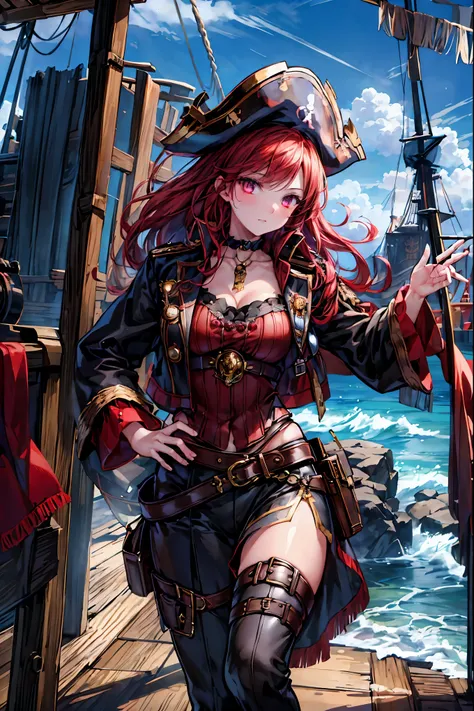The Enchanted Pirate,A powerful pirate ship,A magnificent ship's hull,A rolling ocean,A vibrant scarlet flag,A pirate captain full of adventurous spirit,night，St. Elmo's Fire，meteor、空から降り注ぐmeteor、無数のmeteor群，The Ship Wrapped in the Hand of Fire，A gaze with ...