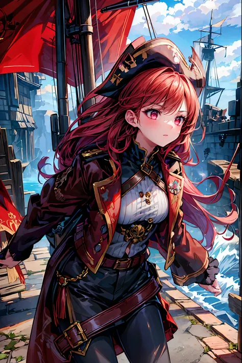 The Enchanted Pirate,A powerful pirate ship,A magnificent ship's hull,A rolling ocean,A vibrant scarlet flag,A pirate captain full of adventurous spirit,night，St. Elmo's Fire，meteor、空から降り注ぐmeteor、無数のmeteor群，The Ship Wrapped in the Hand of Fire，A gaze with ...