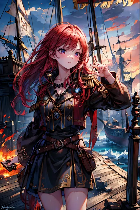 The Enchanted Pirate,A powerful pirate ship,A magnificent ship's hull,A rolling ocean,A vibrant scarlet flag,A pirate captain full of adventurous spirit,night，St. Elmo's Fire，meteor、空から降り注ぐmeteor、無数のmeteor群，The Ship Wrapped in the Hand of Fire，A gaze with ...