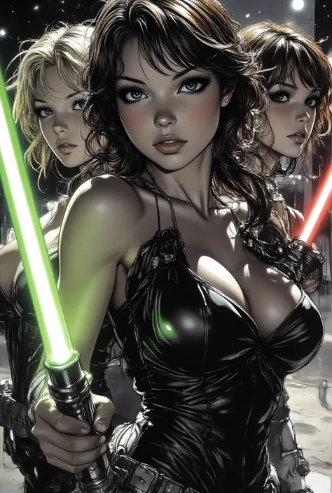 Subject/Composition: Black and white (monochrome), ultra-detailed, cinematic portrait of Three sexiest characters in revealing dress (half-bust:1.2), (1)a Jedi blonde woman with green lightsaber, (2)a Sith brunette woman with red lightsaber (3)a Jedi red h...