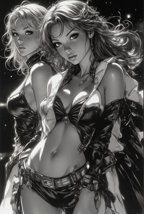 Subject/Composition: Black and white (monochrome), ultra-detailed, cinematic portrait of Three sexiest characters in revealing dress (half-bust:1.2), (1)a Jedi blonde woman with green lightsaber, (2)a Sith brunette woman with red lightsaber (3)a Jedi red h...