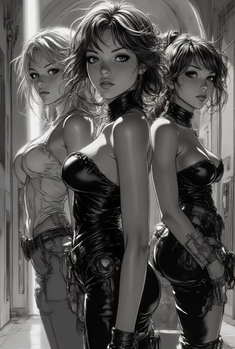 Subject/Composition: Black and white (monochrome), ultra-detailed, cinematic portrait of Three sexiest characters in revealing dress (half-bust:1.2), (1)a Jedi blonde woman with green lightsaber, (2)a Sith brunette woman with red lightsaber (3)a Jedi red h...