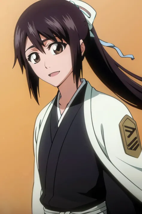 masterpiece, Highest quality , one girl from the side , romantic love , black hair,ponytail, single , Straight long hair, Vancouver, brown eyes, kimono, white sleeveless coat ,Captain's coat without white sleeves, black kimono , smile, alone, I'm looking f...