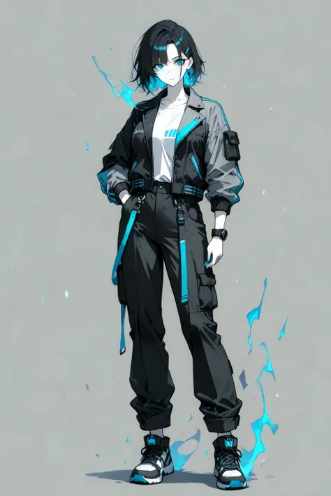 Detailed anime-style character, human, female, tall, adult, standing, full body. A professional, masterfully-rendered portrait. **Asymmetric jacket with buckles and straps, cargo pants, and high-tech sneakers**. **Dark grays, deep blues, and electric viole...