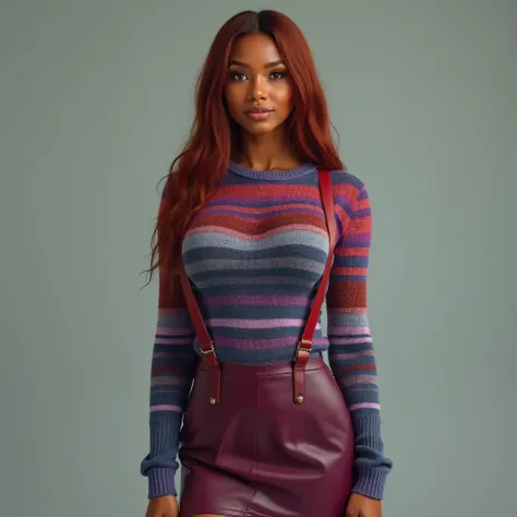 A realistic, high resolution photograph of a beautiful mulatto woman in her 30's; full body frontal view facing the camera with her arms at her side, looking at the camera. There is extra space in the photo above her head. She has an athletic, hourglass, f...