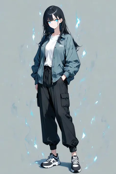 Detailed anime-style character, human, female, tall, adult, standing, full body. A professional, masterfully-rendered portrait. Stylish casual jacket, comfortable pants with utility pockets, and modern athletic sneakers. Cool grays, deep blues, and subtle ...